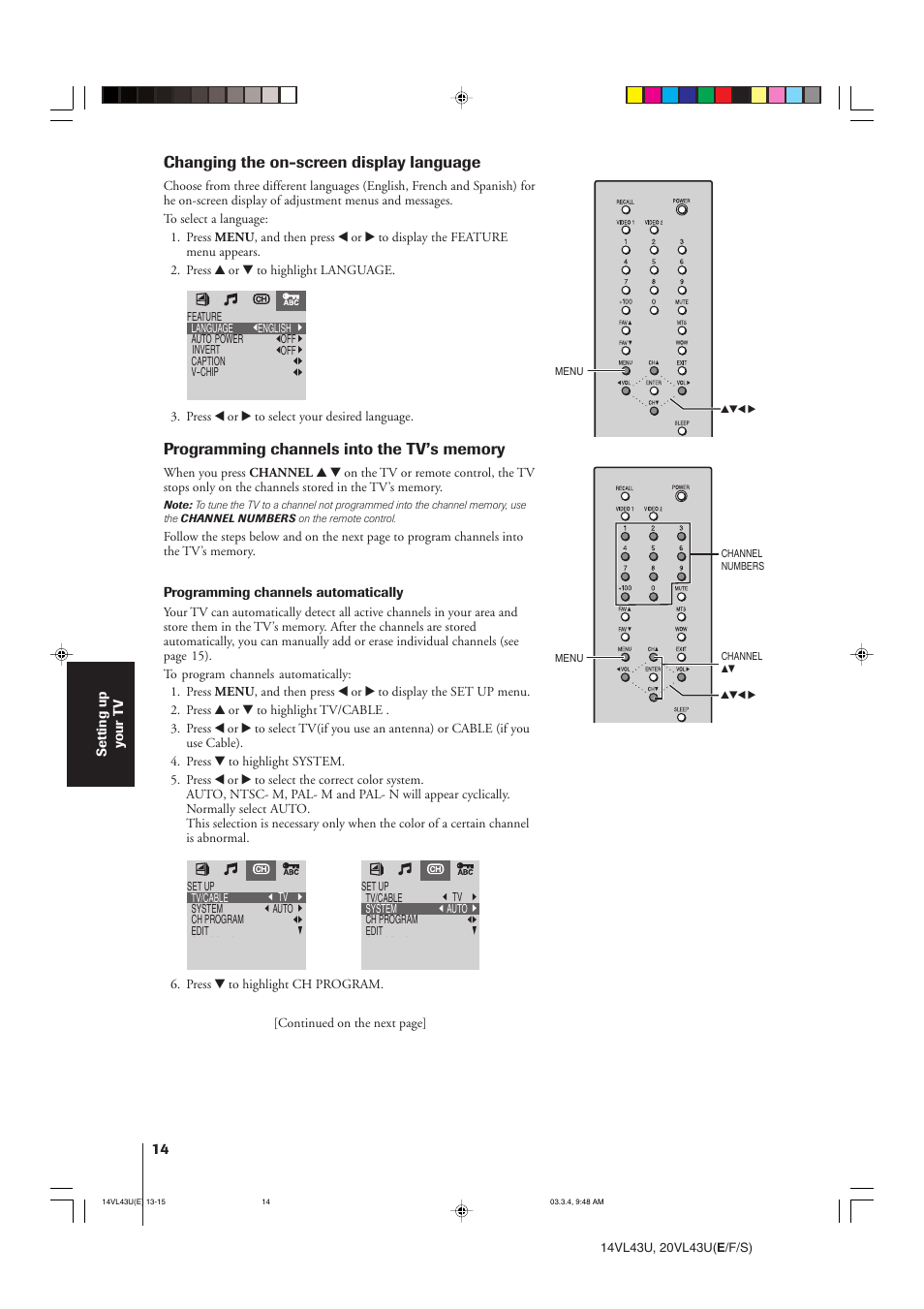 Changing the on-screen display language | Toshiba 14VL43U User Manual | Page 14 / 32