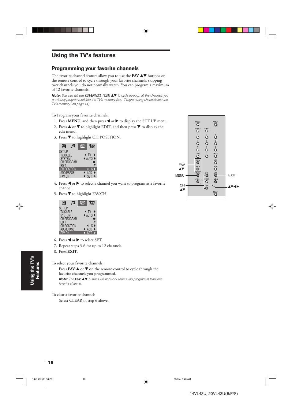 Using the tv’s features, Programming your favorite channels | Toshiba 14VL43U User Manual | Page 16 / 32