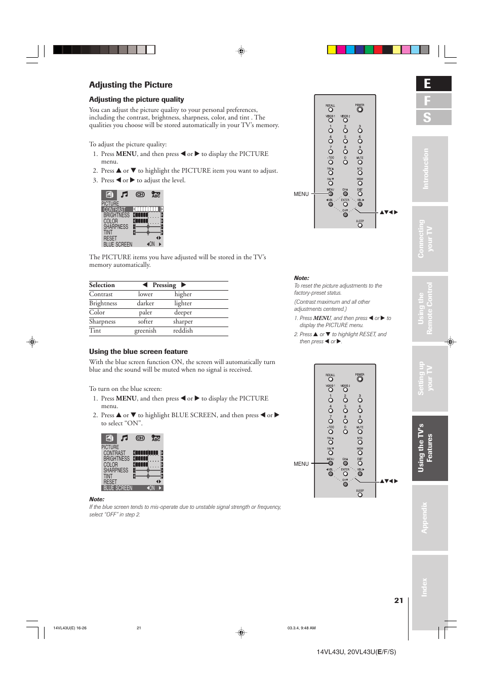 E f s, Adjusting the picture | Toshiba 14VL43U User Manual | Page 21 / 32