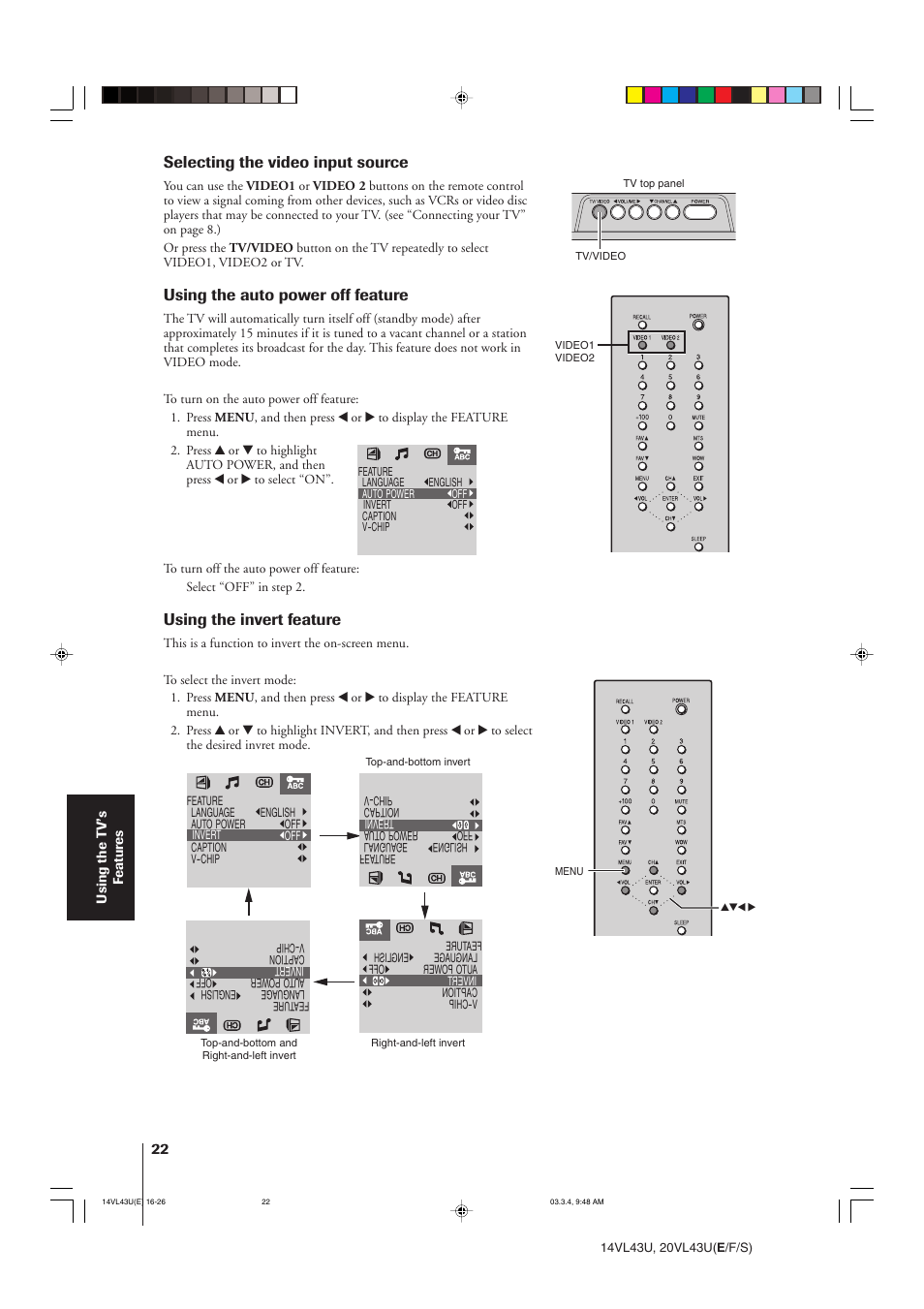 Selecting the video input source, Using the auto power off feature, Using the invert feature | Toshiba 14VL43U User Manual | Page 22 / 32