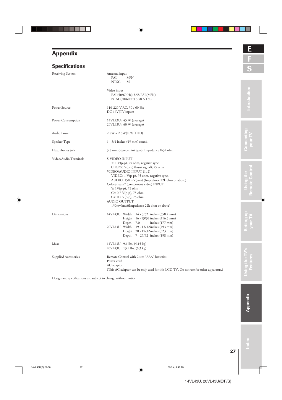 E f s, Appendix, Specifications | Toshiba 14VL43U User Manual | Page 27 / 32