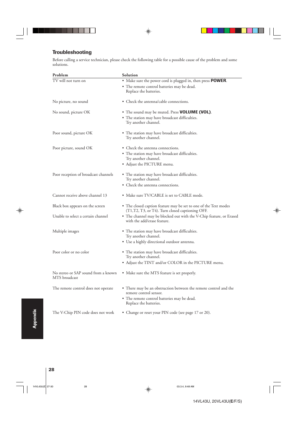 Troubleshooting | Toshiba 14VL43U User Manual | Page 28 / 32