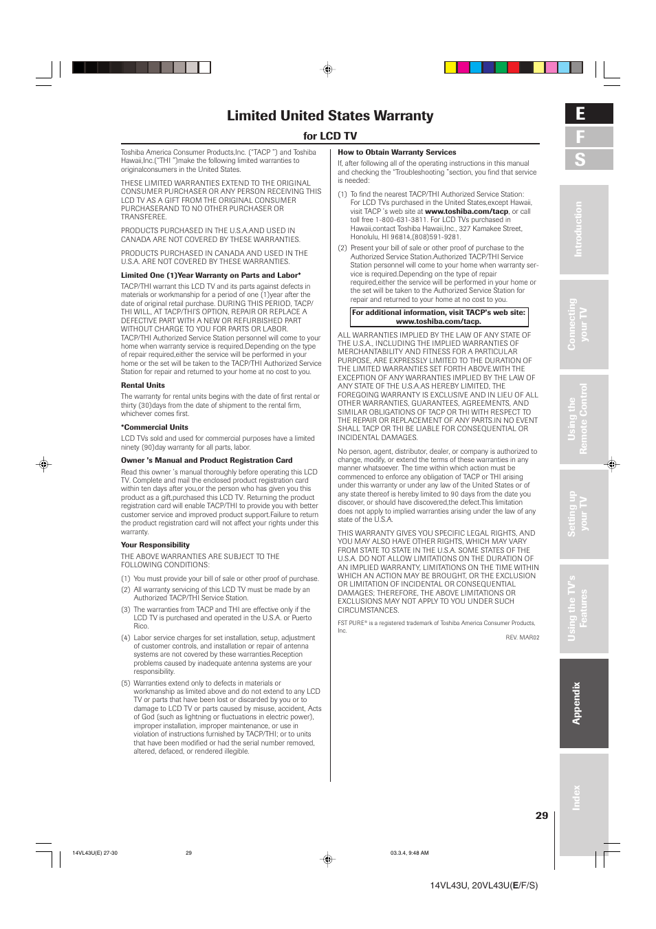 E f s, Limited united states warranty | Toshiba 14VL43U User Manual | Page 29 / 32