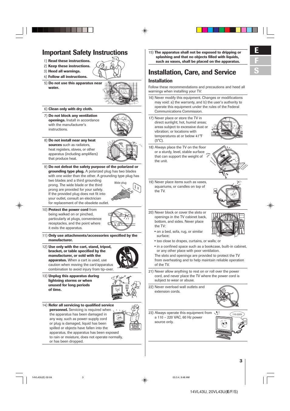 E f s, Important safety instructions, Installation, care, and service | Installation | Toshiba 14VL43U User Manual | Page 3 / 32