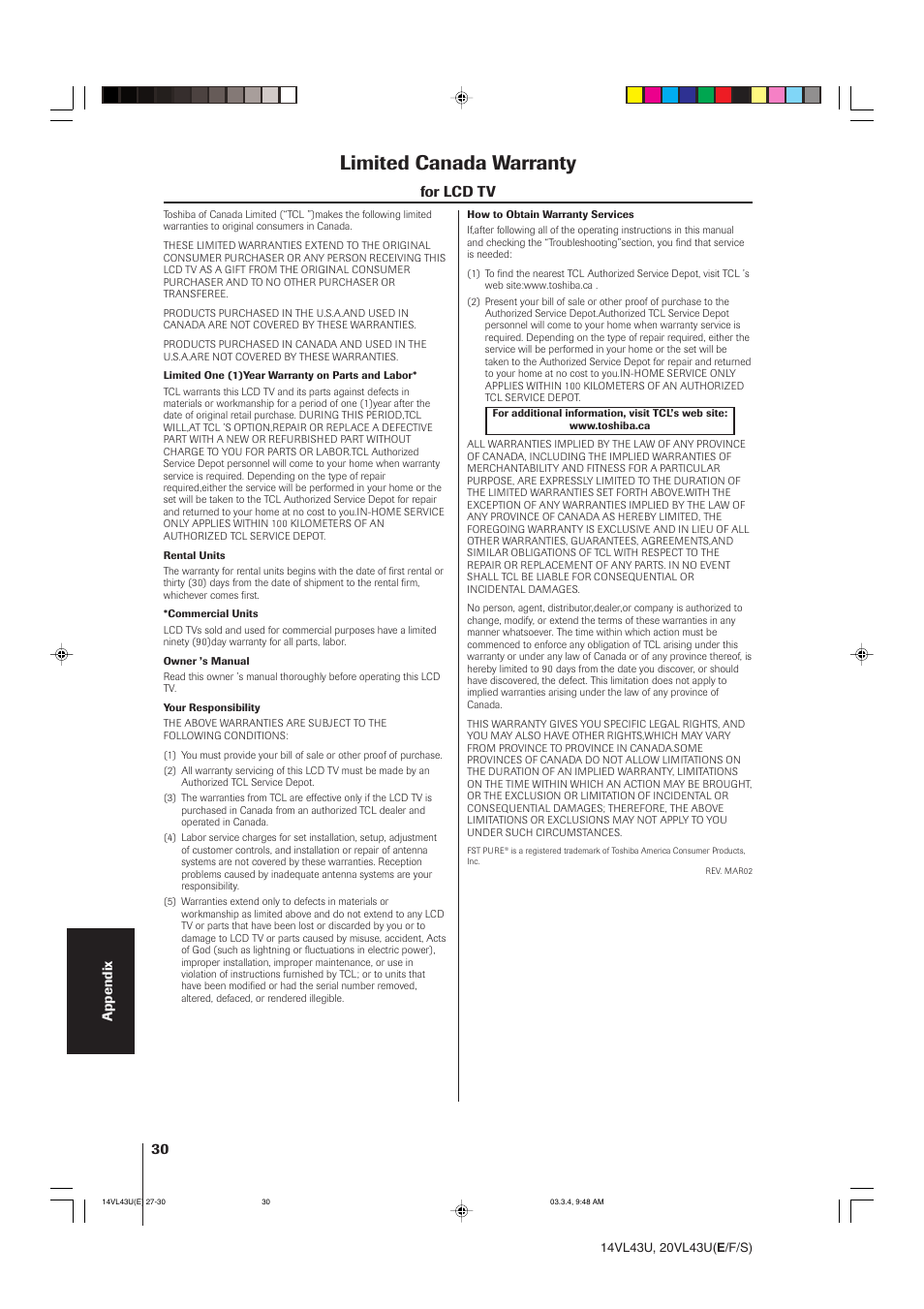 Limited canada warranty, For lcd tv | Toshiba 14VL43U User Manual | Page 30 / 32