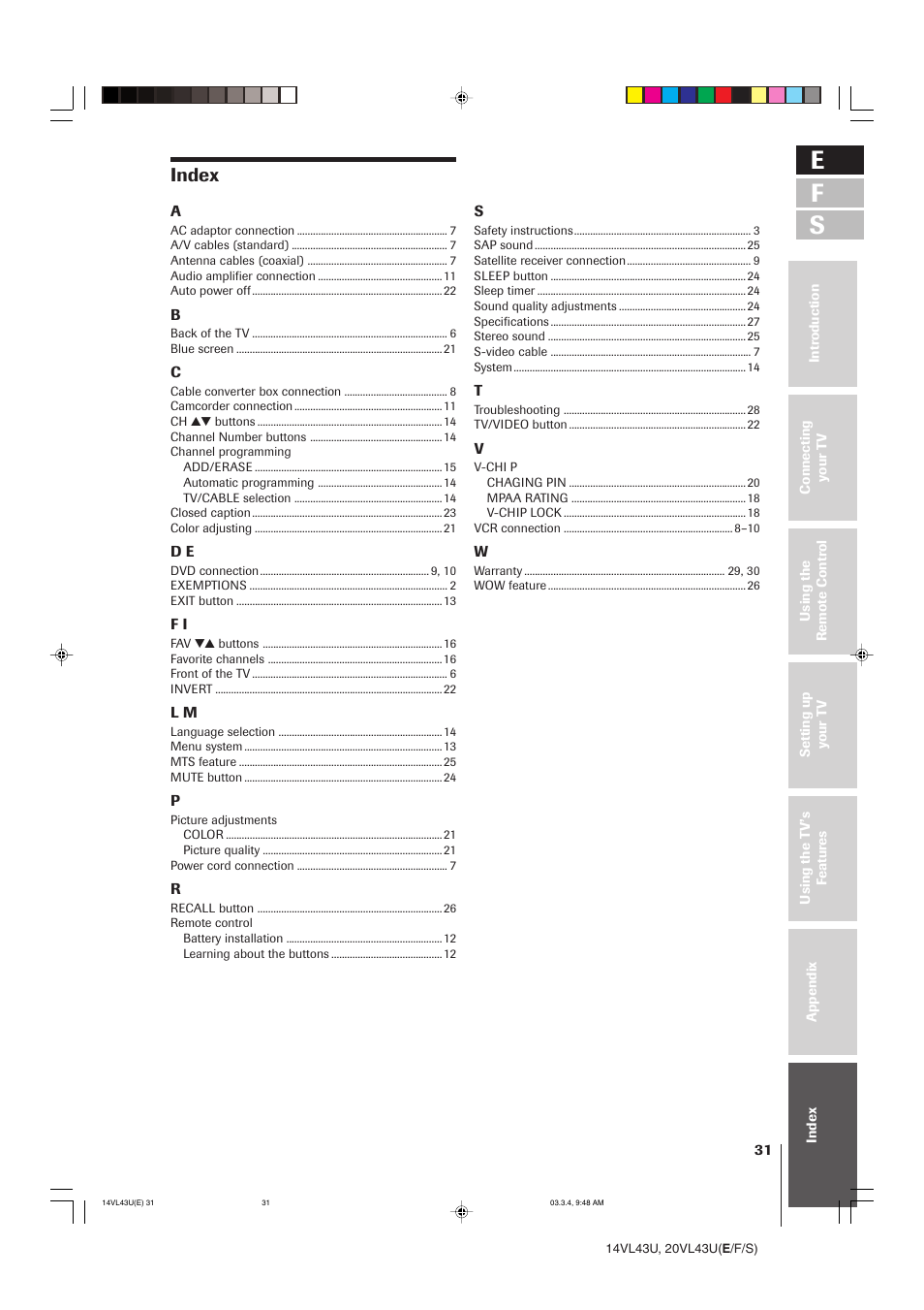 E f s, Index | Toshiba 14VL43U User Manual | Page 31 / 32