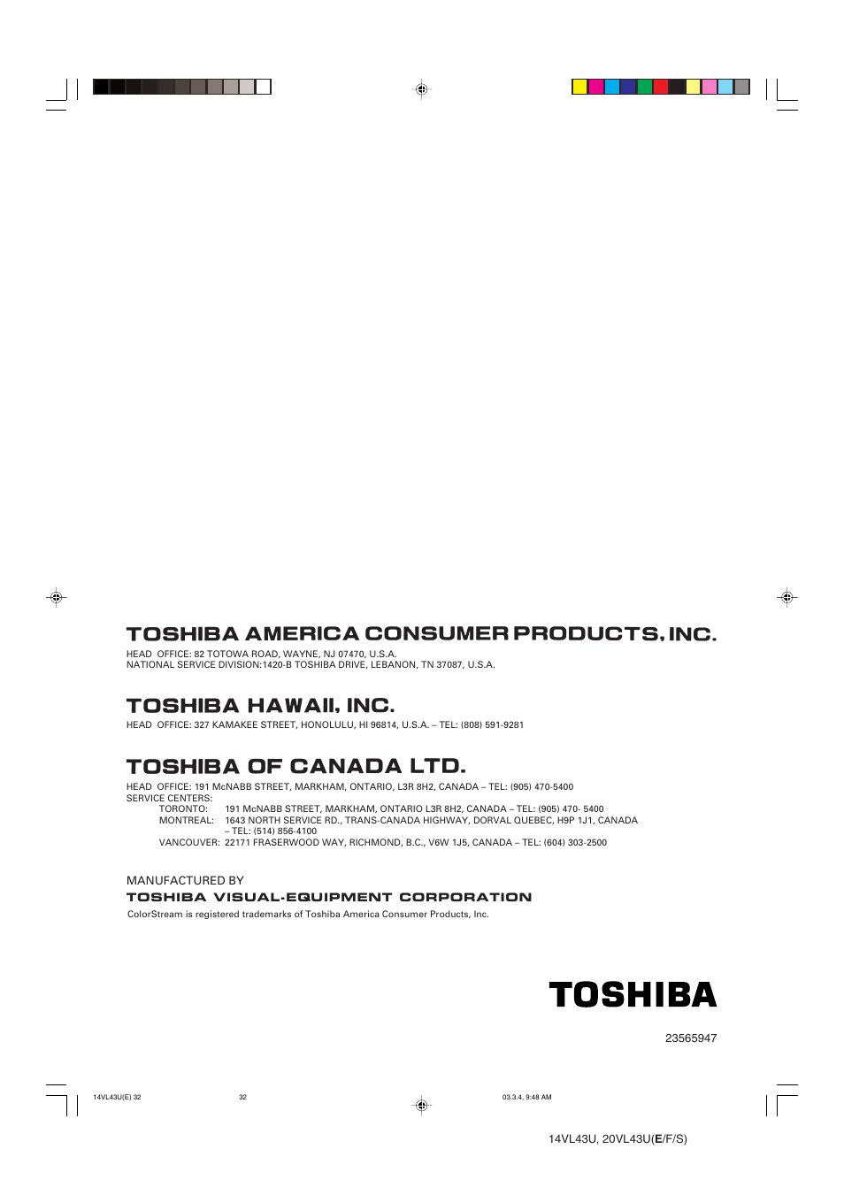 Toshiba 14VL43U User Manual | Page 32 / 32