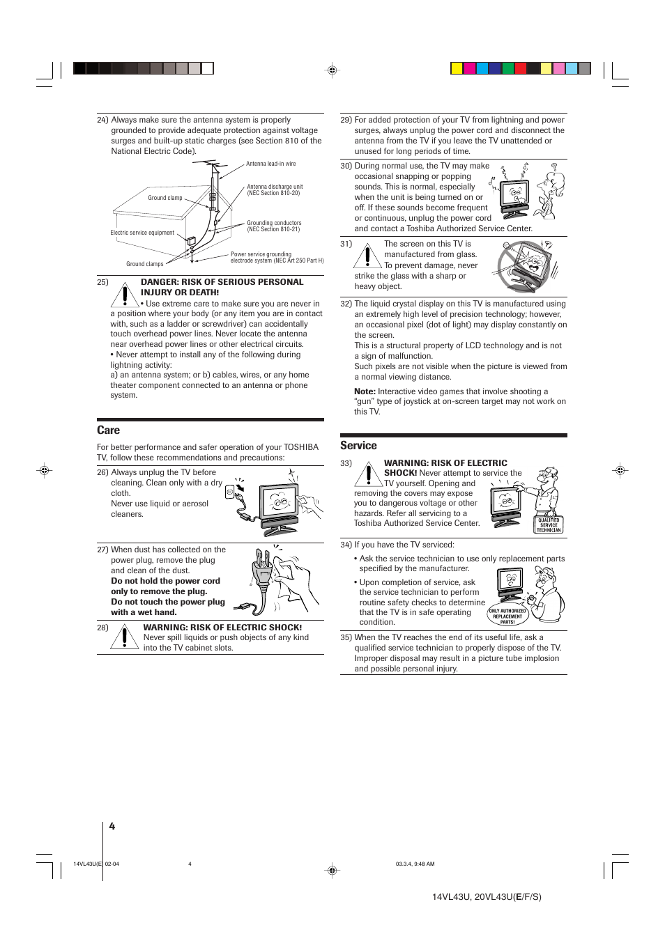 Care, Service | Toshiba 14VL43U User Manual | Page 4 / 32