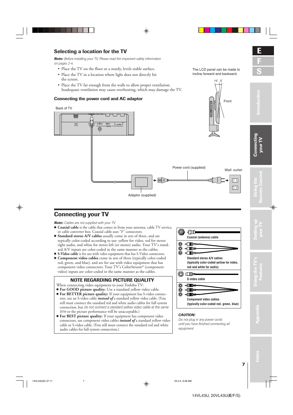 E f s, Connecting your tv, Selecting a location for the tv | Toshiba 14VL43U User Manual | Page 7 / 32