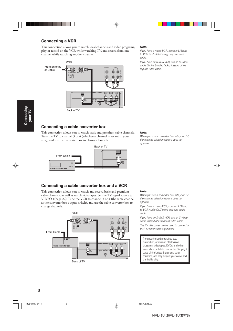 Connecting a vcr, Connecting a cable converter box, Connecting a cable converter box and a vcr | Connecting y our t v | Toshiba 14VL43U User Manual | Page 8 / 32