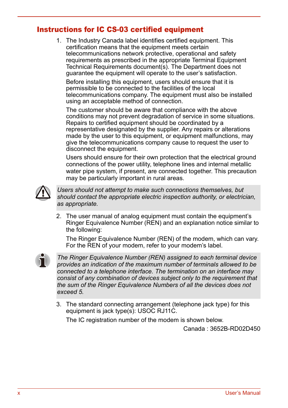 Instructions for ic cs-03 certified equipment | Toshiba U400 User Manual | Page 10 / 214