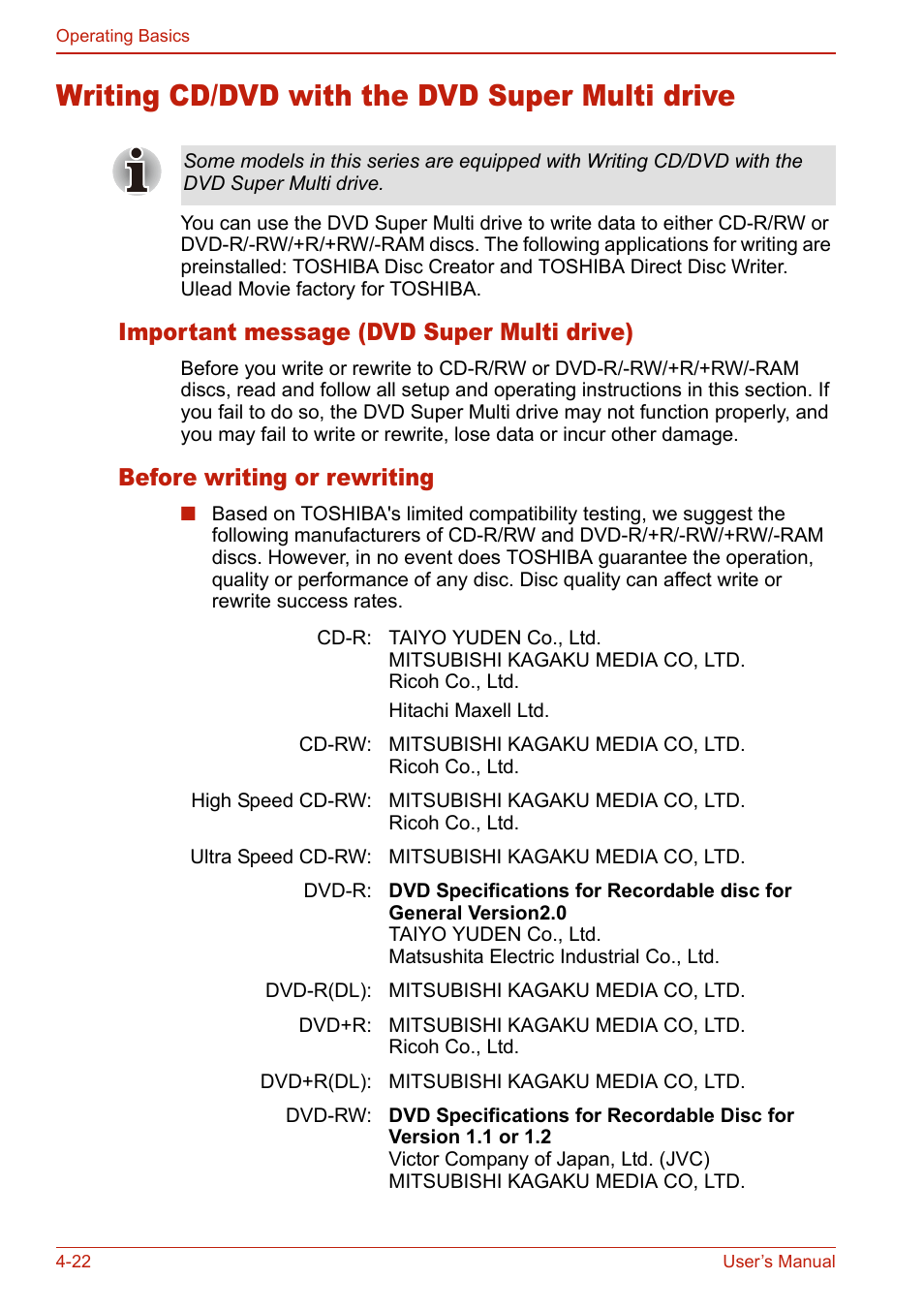 Writing cd/dvd with the dvd super multi drive, Important message (dvd super multi drive), Before writing or rewriting | Writing cd/dvd with the dvd super multi drive -22 | Toshiba U400 User Manual | Page 100 / 214