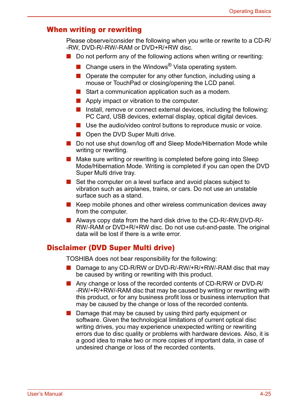 When writing or rewriting, Disclaimer (dvd super multi drive) | Toshiba U400 User Manual | Page 103 / 214