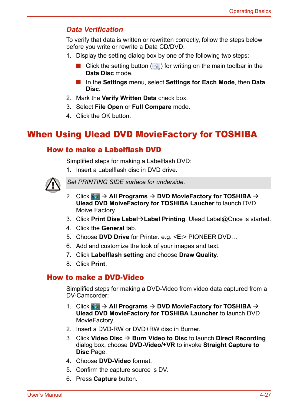 When using ulead dvd moviefactory for toshiba, How to make a labelflash dvd, How to make a dvd-video | When using ulead dvd moviefactory for toshiba -27 | Toshiba U400 User Manual | Page 105 / 214