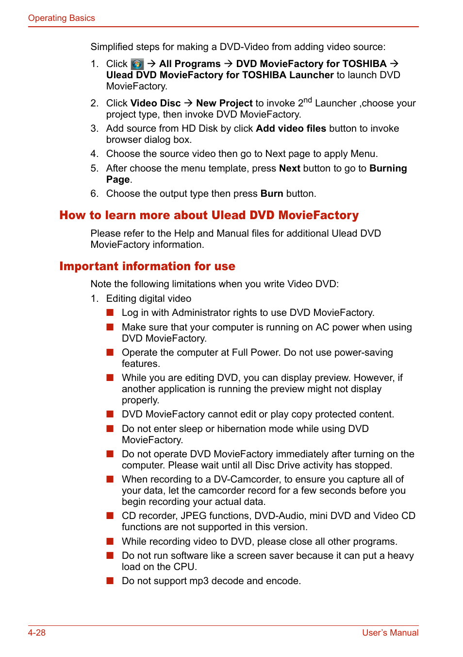 How to learn more about ulead dvd moviefactory, Important information for use | Toshiba U400 User Manual | Page 106 / 214