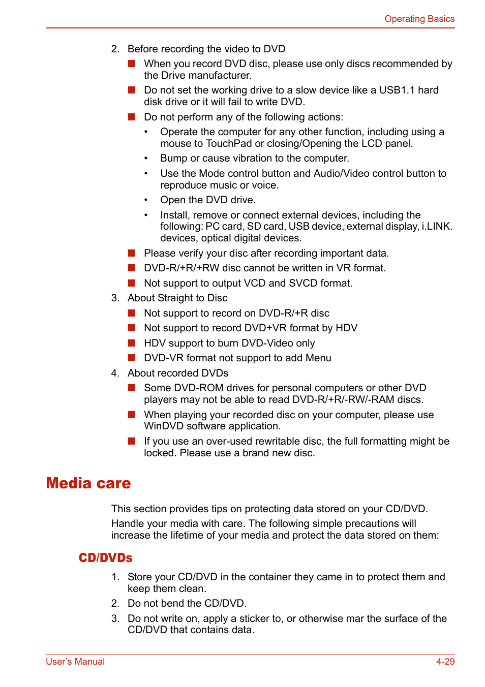 Media care, Cd/dvds, Media care -29 | Cd/dvds -29 | Toshiba U400 User Manual | Page 107 / 214