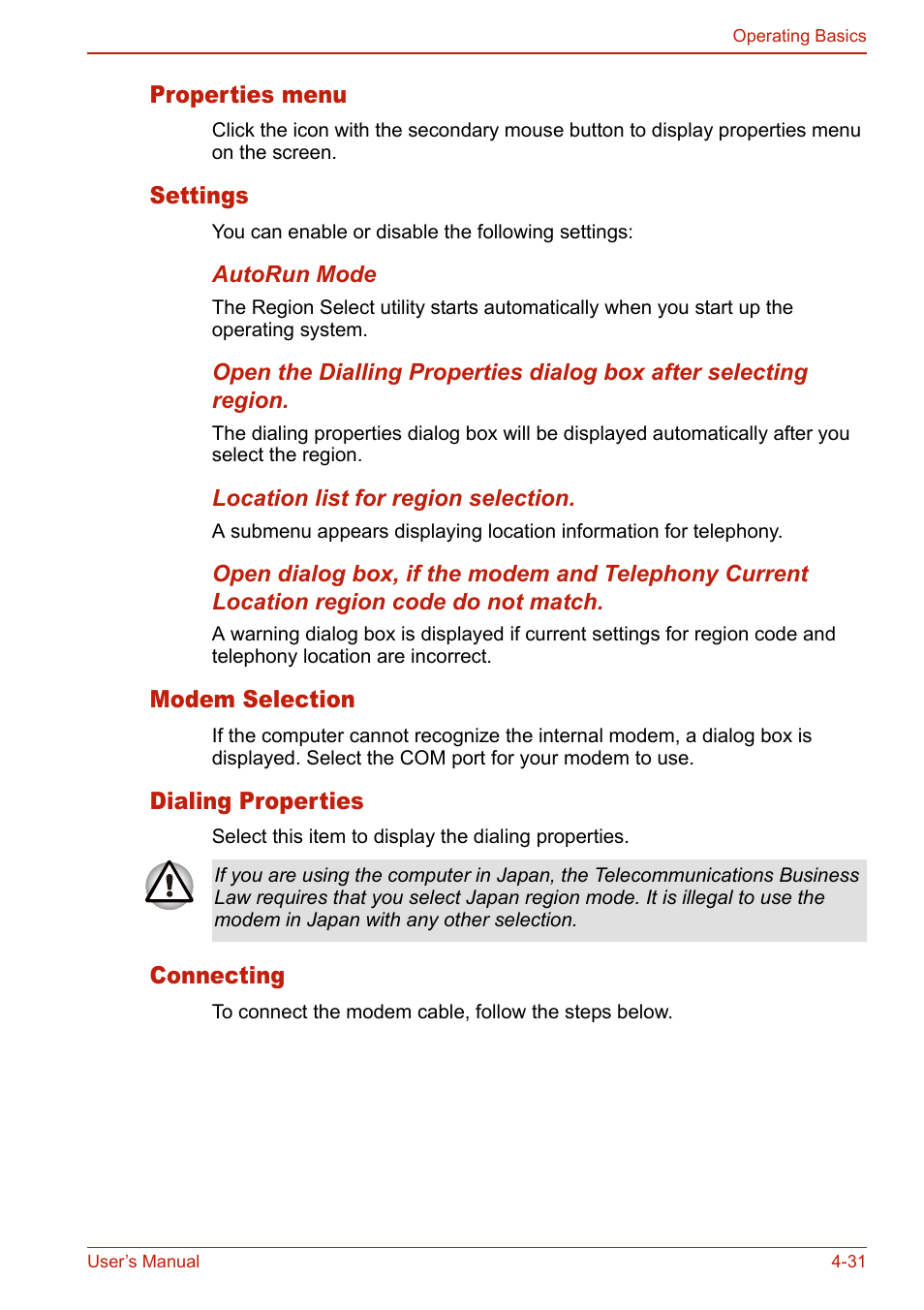 Properties menu, Settings, Modem selection | Dialing properties, Connecting | Toshiba U400 User Manual | Page 109 / 214