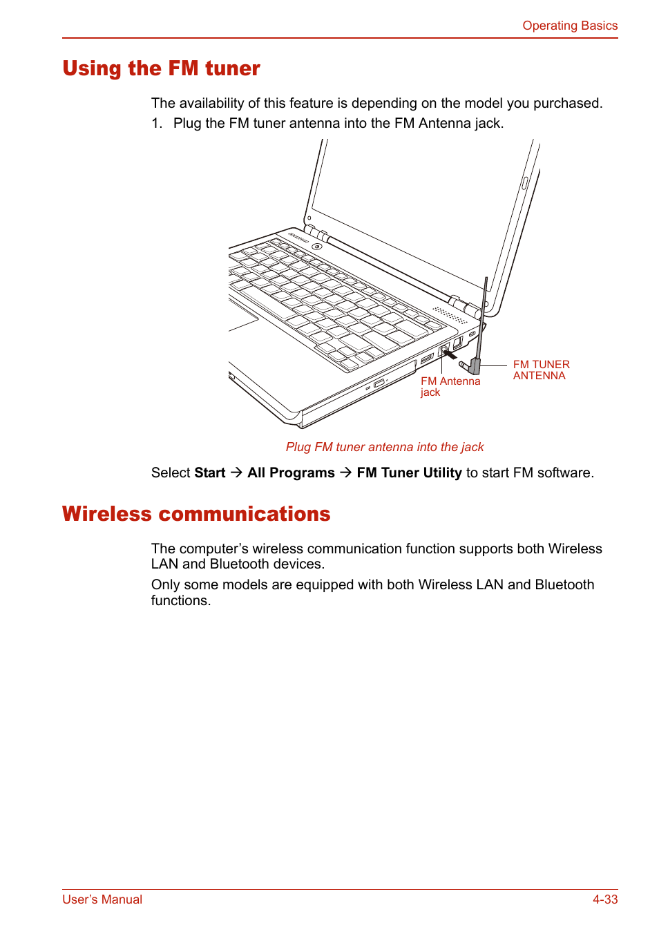 Using the fm tuner, Wireless communications, Using the fm tuner -33 wireless communications -33 | Toshiba U400 User Manual | Page 111 / 214