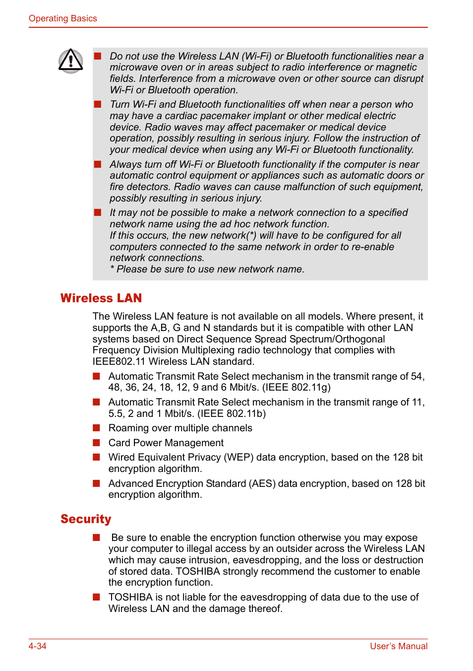Wireless lan, Security, Wireless lan -34 security -34 | Toshiba U400 User Manual | Page 112 / 214
