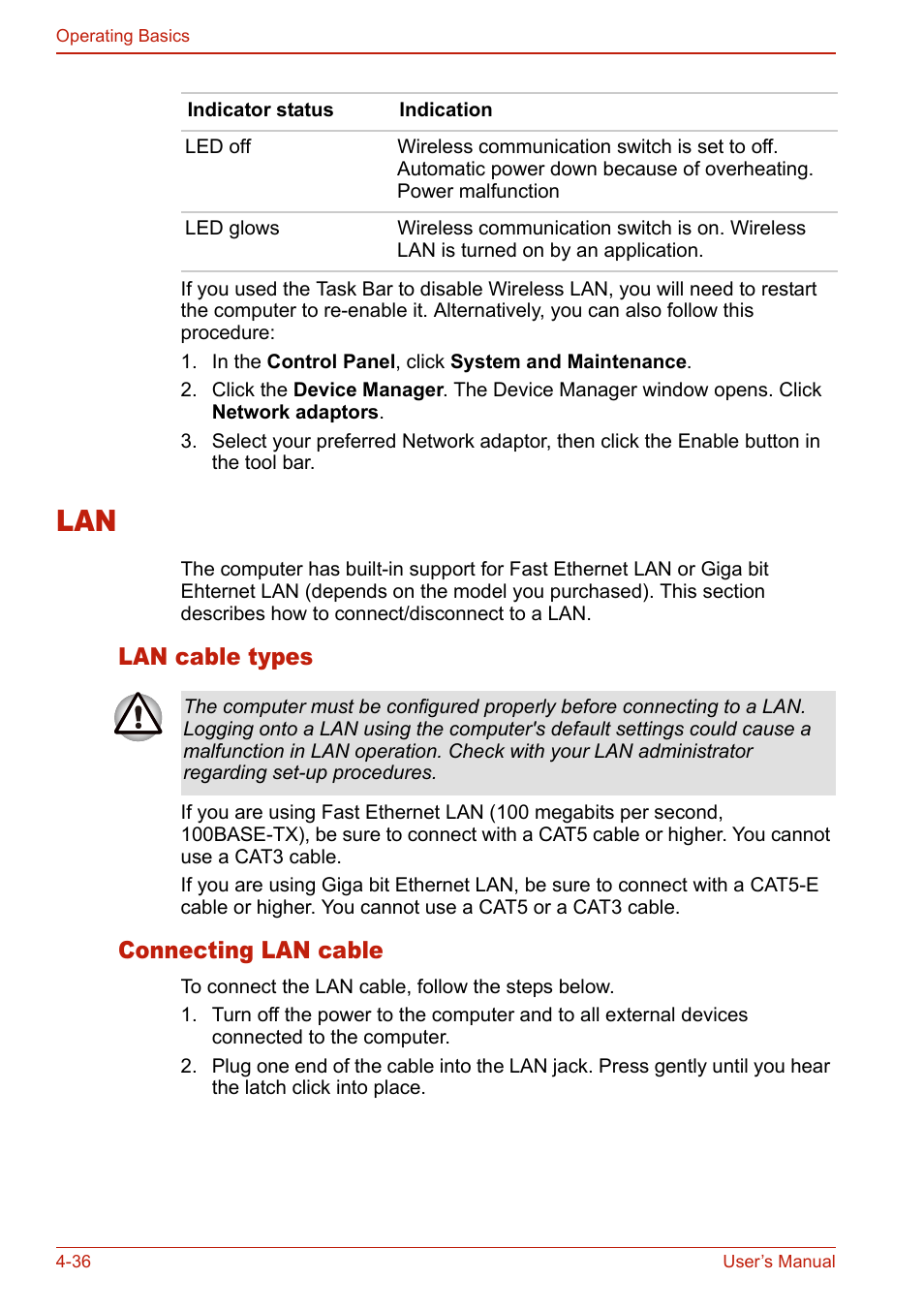 Lan cable types, Connecting lan cable, Lan -36 | Lan cable types -36, Connecting lan cable -36 | Toshiba U400 User Manual | Page 114 / 214