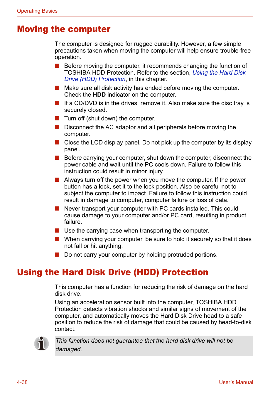 Moving the computer, Using the hard disk drive (hdd) protection, Using the hard | Disk drive (hdd) protection | Toshiba U400 User Manual | Page 116 / 214