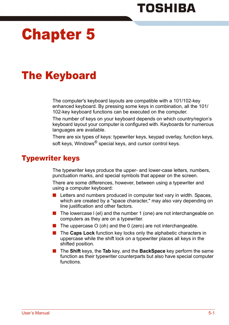 Chapter 5, The keyboard, Typewriter keys | Typewriter keys -1, Describ | Toshiba U400 User Manual | Page 119 / 214