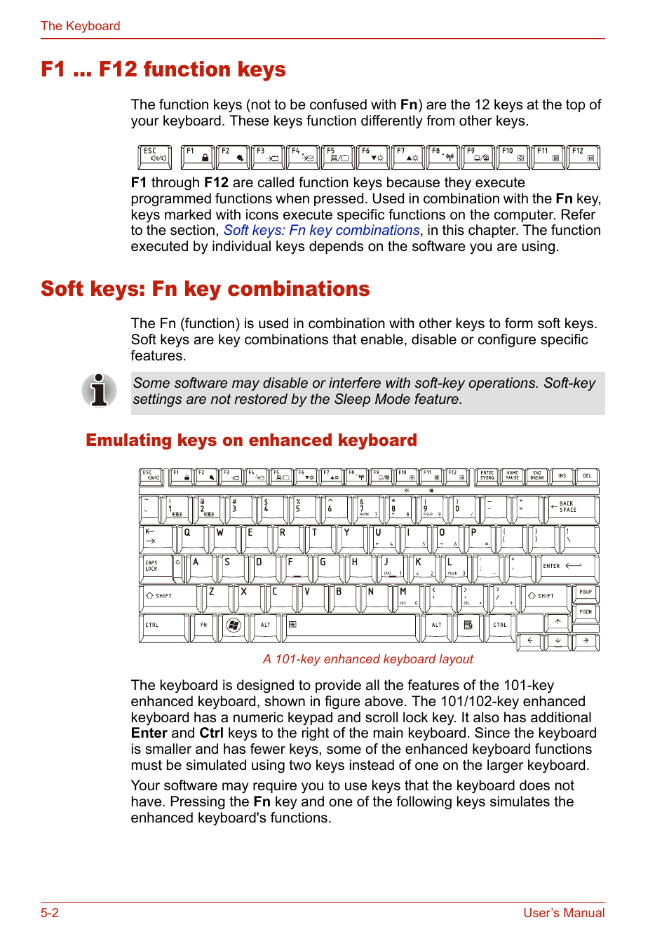 F1 ... f12 function keys, Soft keys: fn key combinations, Emulating keys on enhanced keyboard | Emulating keys on enhanced keyboard -2 | Toshiba U400 User Manual | Page 120 / 214