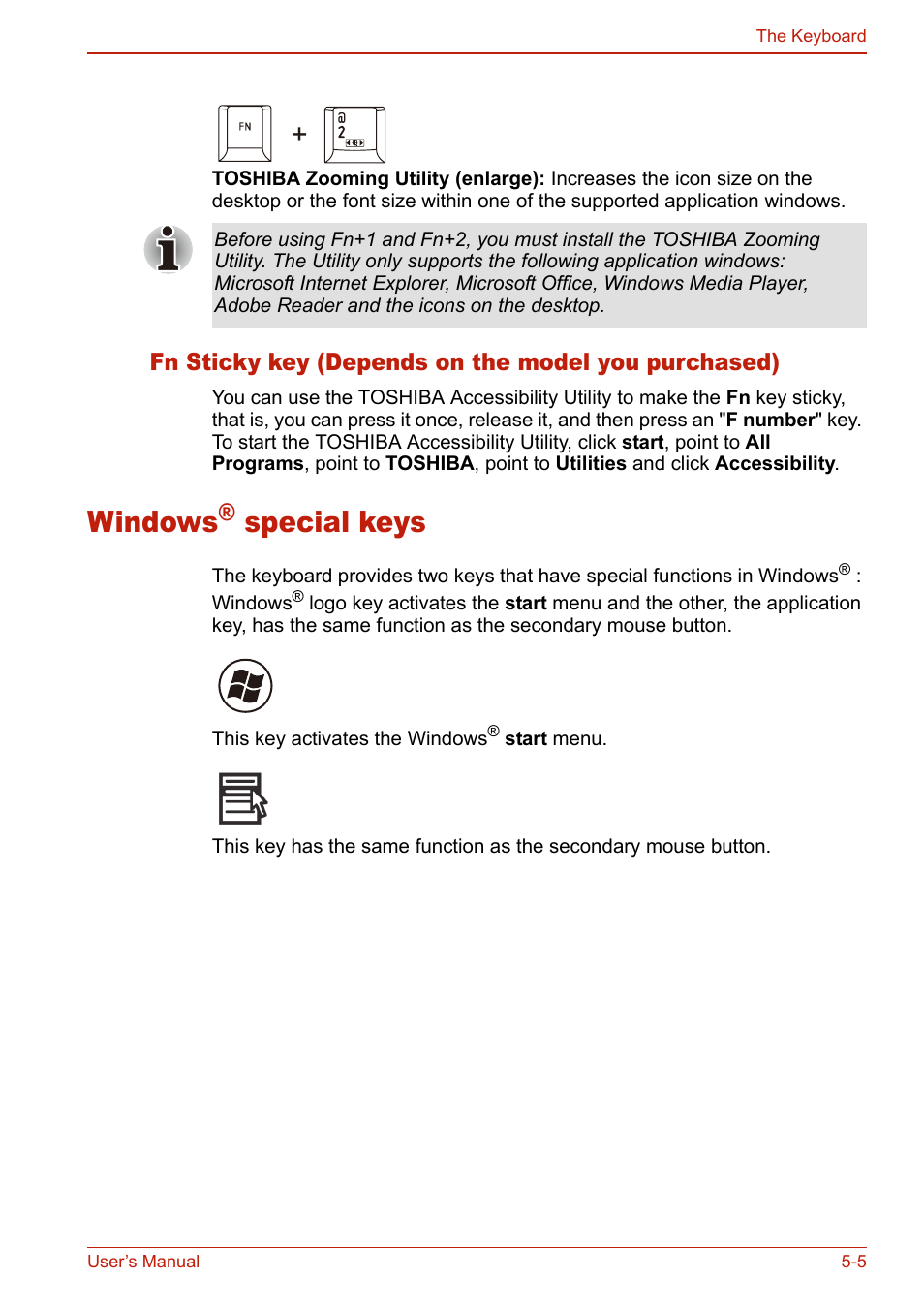 Fn sticky key (depends on the model you purchased), Windows® special keys, Windows® special keys -5 | Windows, Special keys | Toshiba U400 User Manual | Page 123 / 214