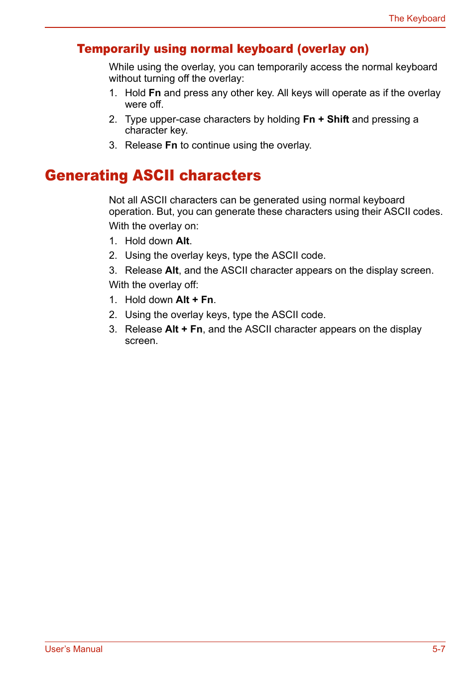 Temporarily using normal keyboard (overlay on), Generating ascii characters, Temporarily using normal keyboard (overlay on) -7 | Generating ascii characters -7 | Toshiba U400 User Manual | Page 125 / 214