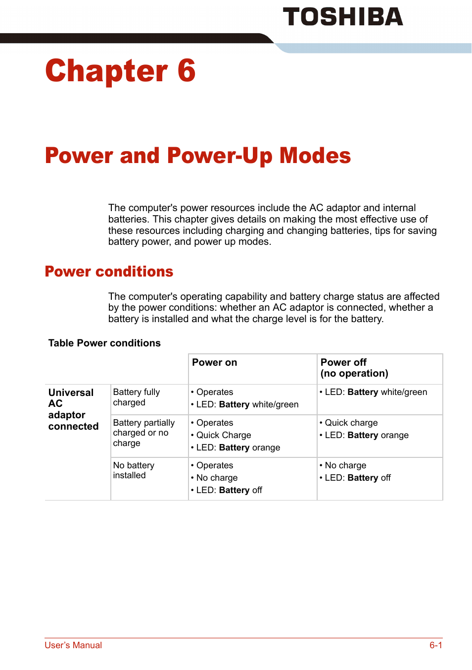 Chapter 6, Power and power-up modes, Power conditions | Power conditions -1, Power and, Power-up modes | Toshiba U400 User Manual | Page 127 / 214
