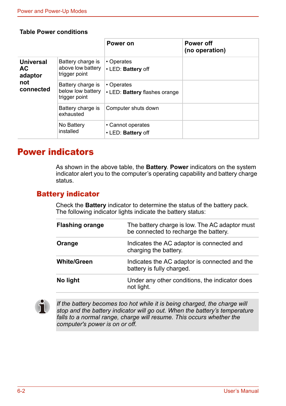 Power indicators, Battery indicator, Power indicators -2 | Battery indicator -2 | Toshiba U400 User Manual | Page 128 / 214