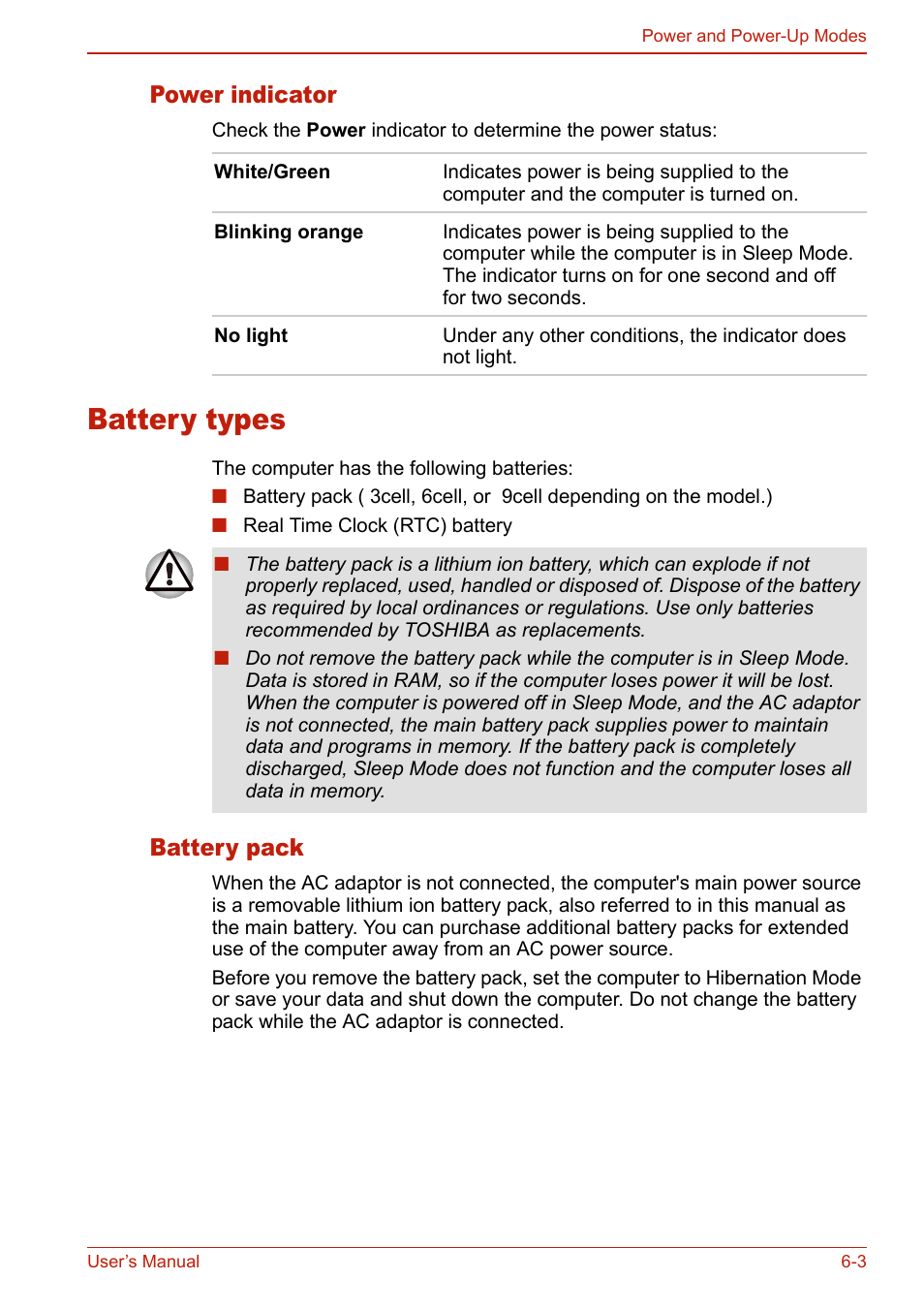 Power indicator, Battery types, Battery pack | Power indicator -3, Battery types -3, Battery pack -3 | Toshiba U400 User Manual | Page 129 / 214