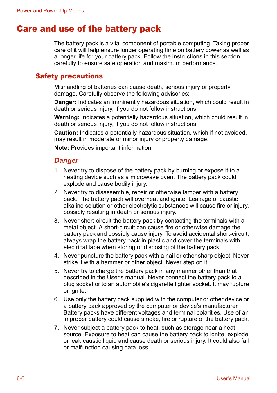 Care and use of the battery pack, Safety precautions, Care and use of the battery pack -6 | Safety precautions -6 | Toshiba U400 User Manual | Page 132 / 214