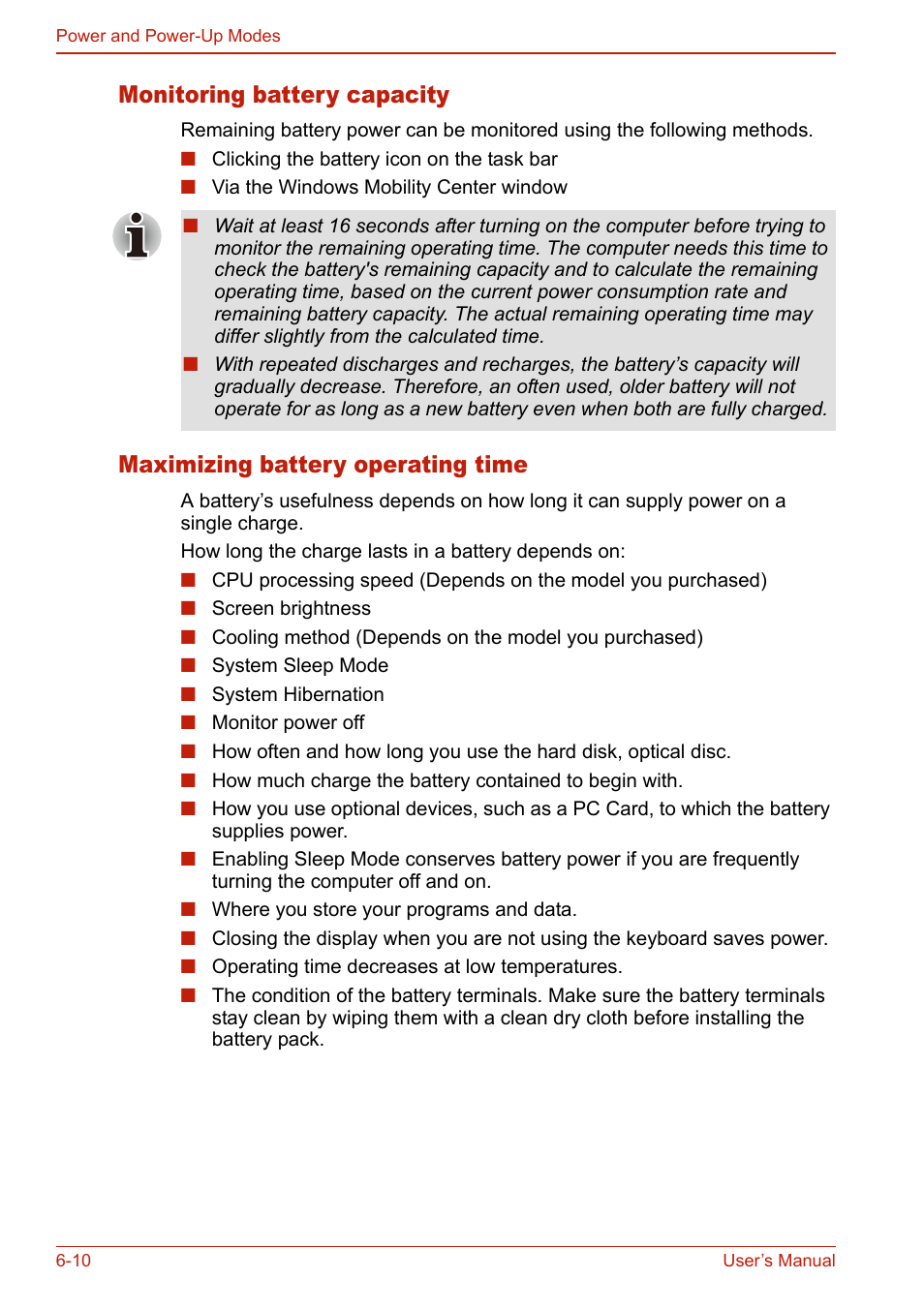 Monitoring battery capacity, Maximizing battery operating time | Toshiba U400 User Manual | Page 136 / 214