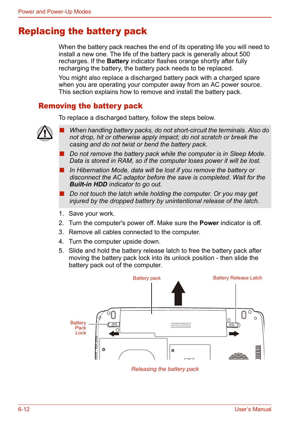 Replacing the battery pack, Removing the battery pack, Replacing the battery pack -12 | Removing the battery pack -12 | Toshiba U400 User Manual | Page 138 / 214
