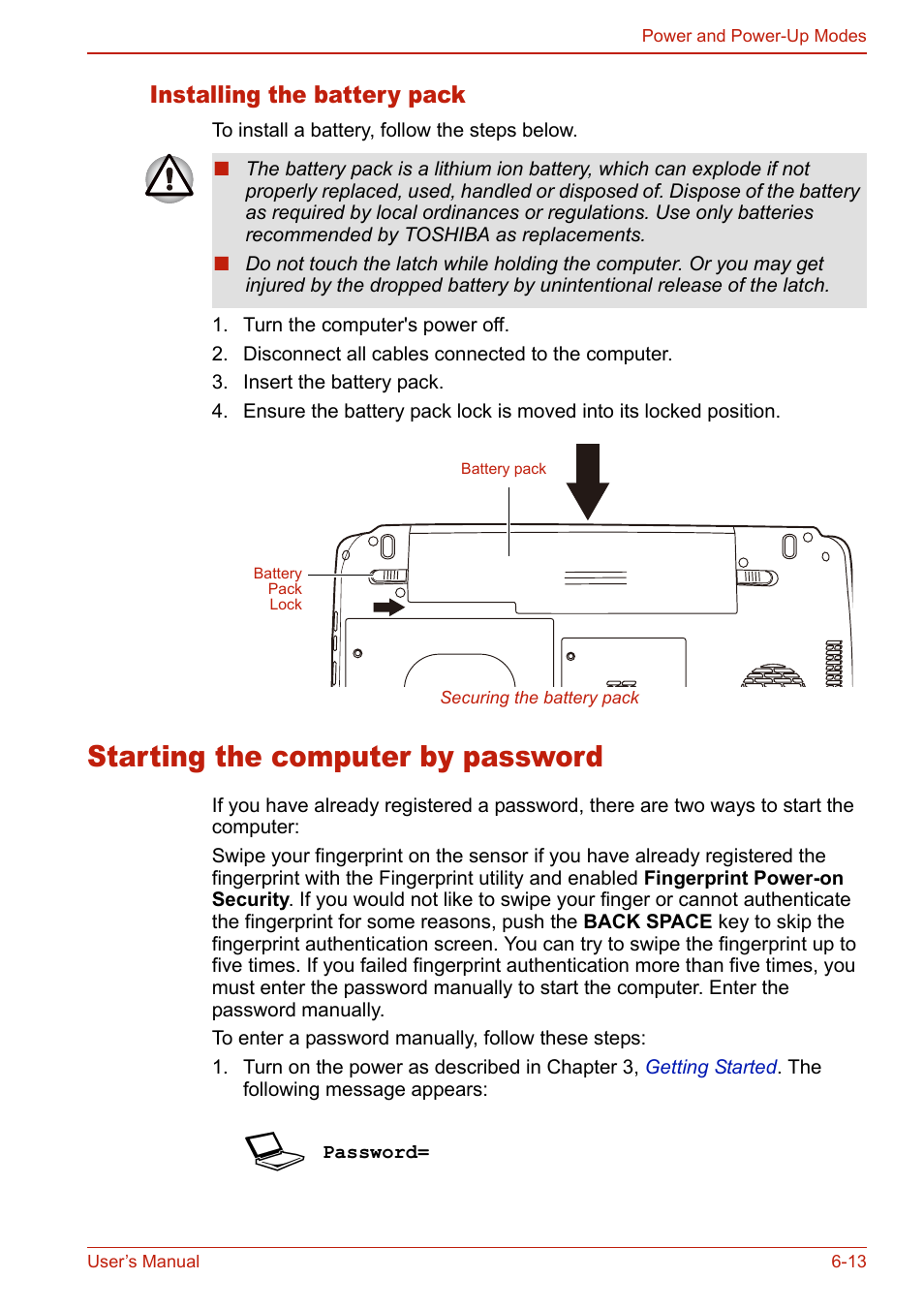 Installing the battery pack, Starting the computer by password, Installing the battery pack -13 | Starting the computer by password -13 | Toshiba U400 User Manual | Page 139 / 214