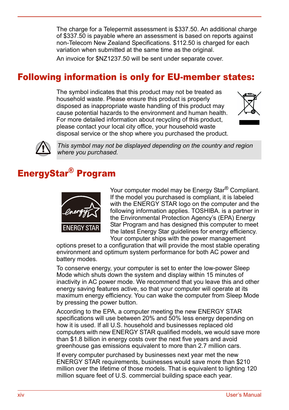 Following information is only for eu-member states, Energystar® program, Energystar | Program | Toshiba U400 User Manual | Page 14 / 214