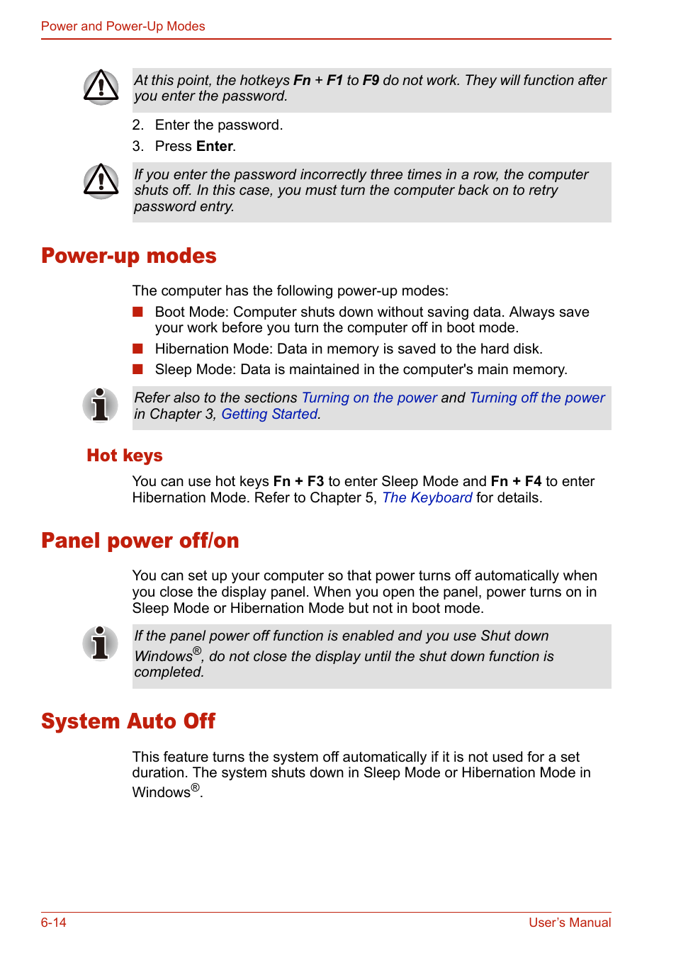Power-up modes, Hot keys, Panel power off/on | System auto off, Power-up modes -14, Hot keys -14, Panel power off/on -14 system auto off -14 | Toshiba U400 User Manual | Page 140 / 214