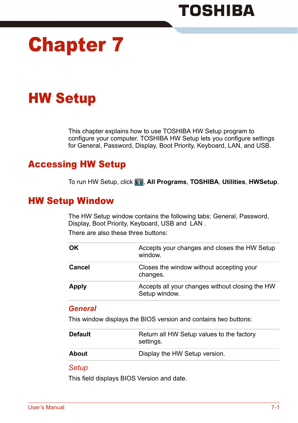 Chapter 7, Hw setup, Accessing hw setup | Hw setup window, Accessing hw setup -1 hw setup window -1, Expl, Setup | Toshiba U400 User Manual | Page 141 / 214