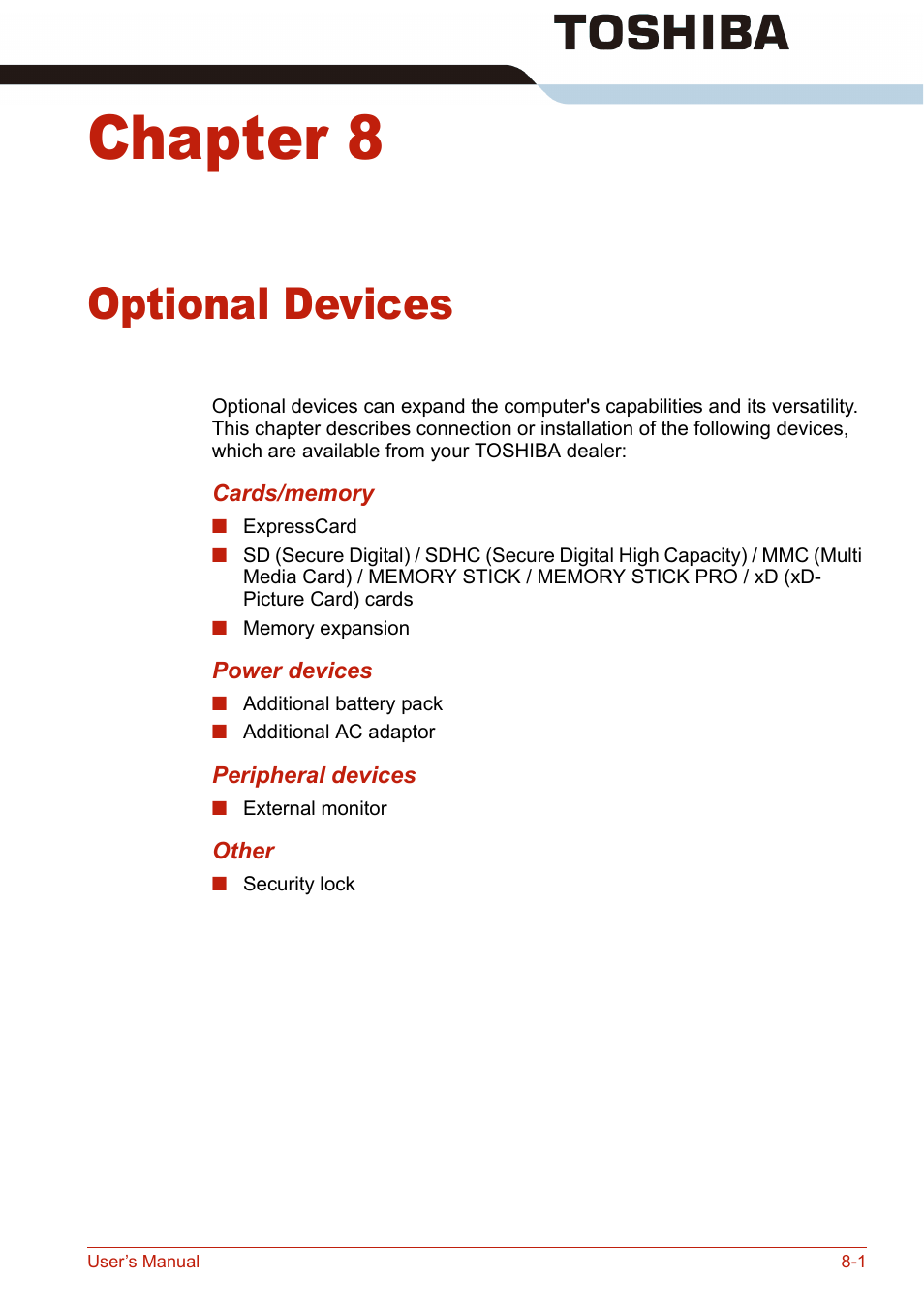 Chapter 8, Optional devices, Optional | Devices | Toshiba U400 User Manual | Page 145 / 214