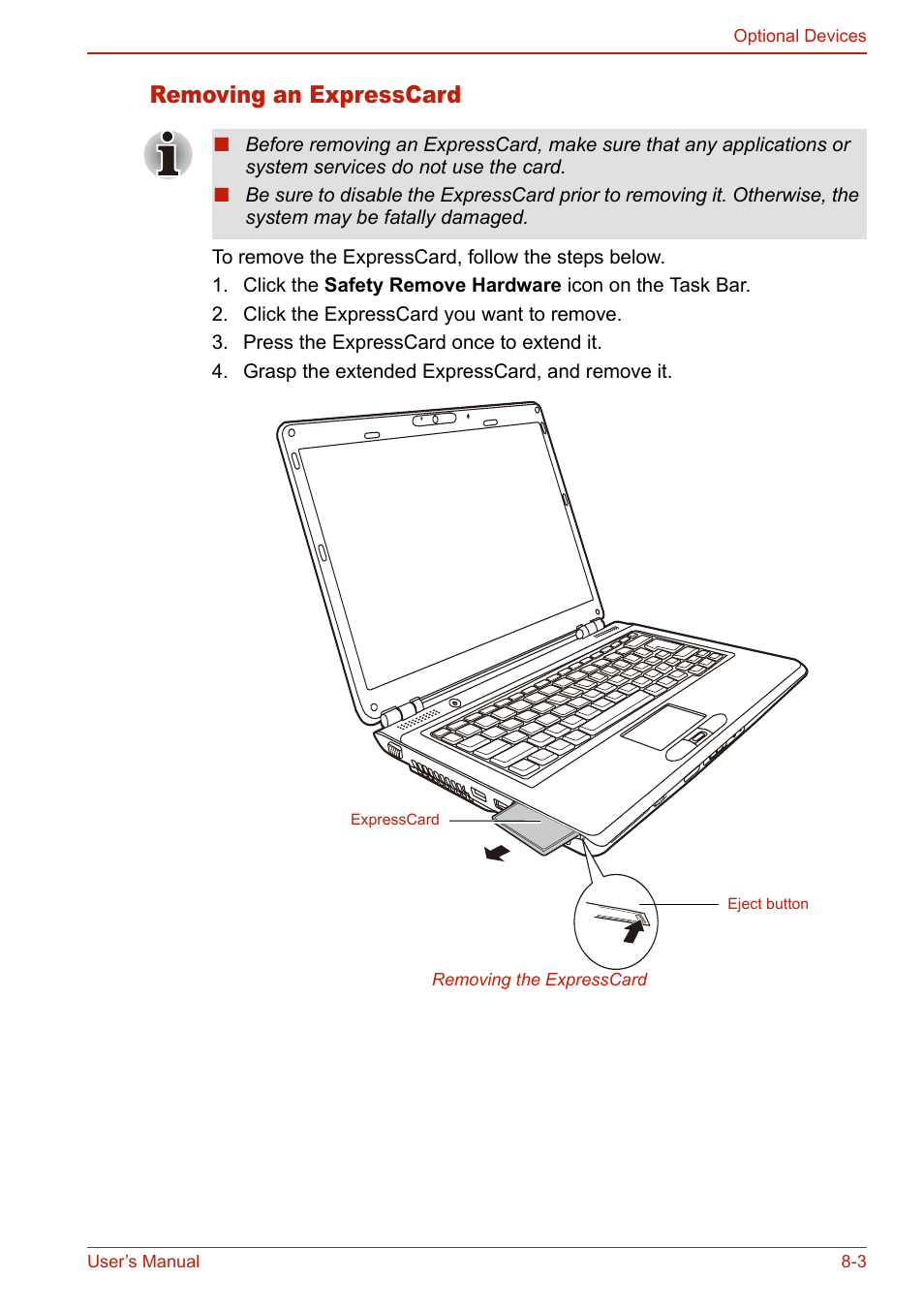 Removing an expresscard, Removing an expresscard -3 | Toshiba U400 User Manual | Page 147 / 214