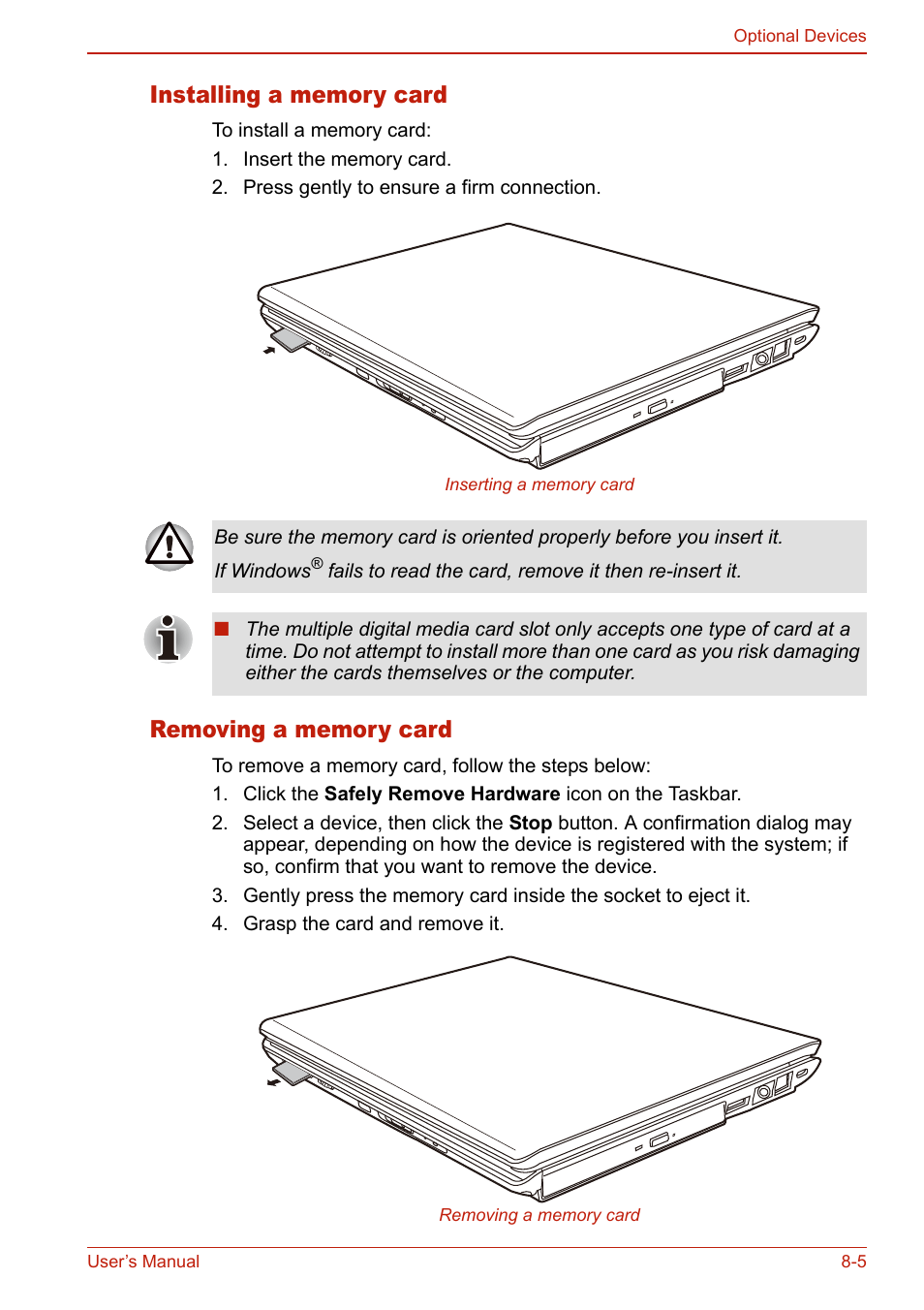 Installing a memory card, Removing a memory card | Toshiba U400 User Manual | Page 149 / 214
