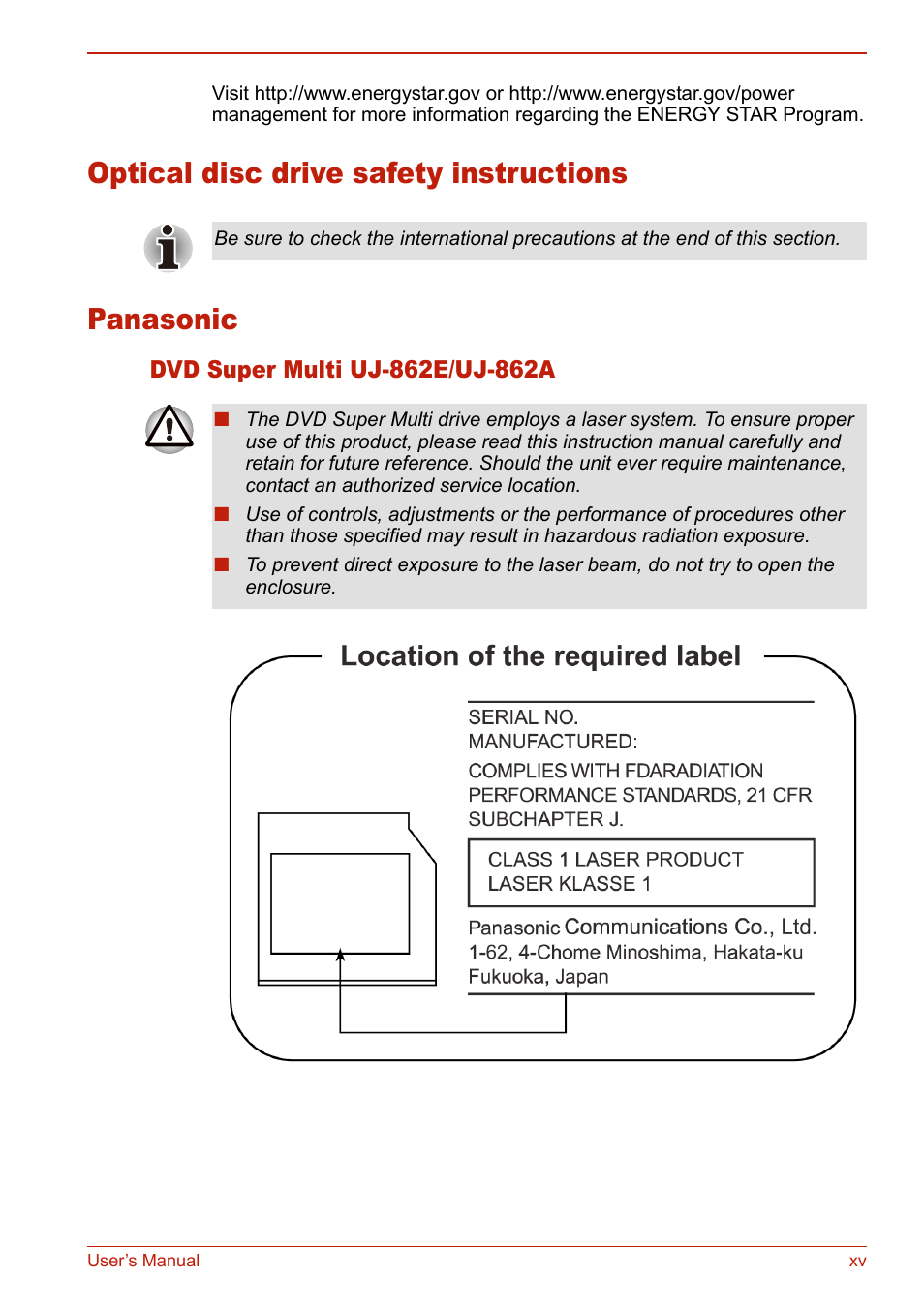 Optical disc drive safety instructions, Panasonic, Dvd super multi uj-862e/uj-862a | Optical disc drive safety instructions panasonic | Toshiba U400 User Manual | Page 15 / 214