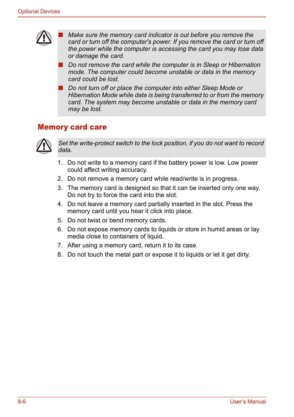 Memory card care, Memory card care -6 | Toshiba U400 User Manual | Page 150 / 214