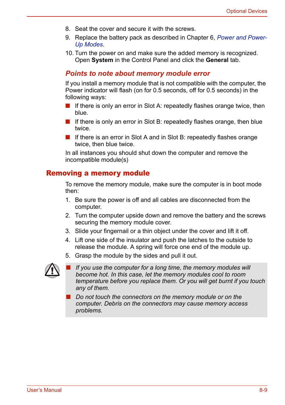 Removing a memory module, Removing a memory module -9 | Toshiba U400 User Manual | Page 153 / 214