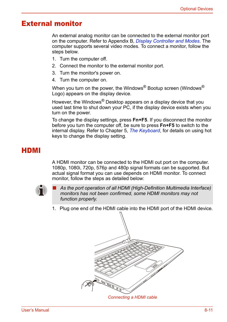 External monitor, Hdmi, External monitor -11 hdmi -11 | Toshiba U400 User Manual | Page 155 / 214
