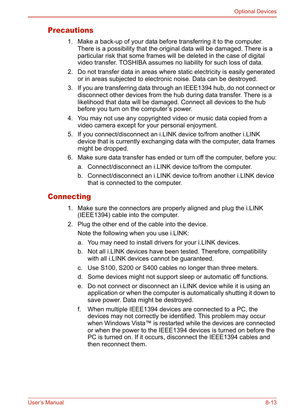 Precautions, Connecting, Precautions -13 connecting -13 | Toshiba U400 User Manual | Page 157 / 214