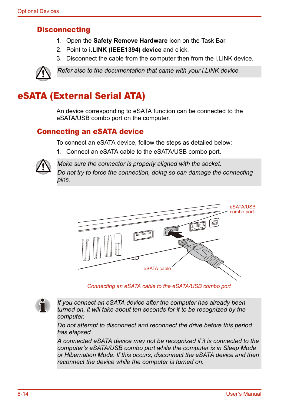 Disconnecting, Esata (external serial ata), Connecting an esata device | Disconnecting -14, Esata (external serial ata) -14, Connecting an esata device -14 | Toshiba U400 User Manual | Page 158 / 214