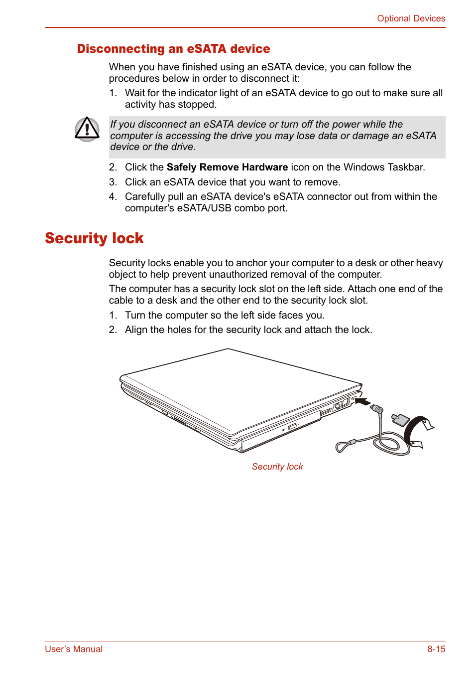 Disconnecting an esata device, Security lock, Disconnecting an esata device -15 | Security lock -15 | Toshiba U400 User Manual | Page 159 / 214