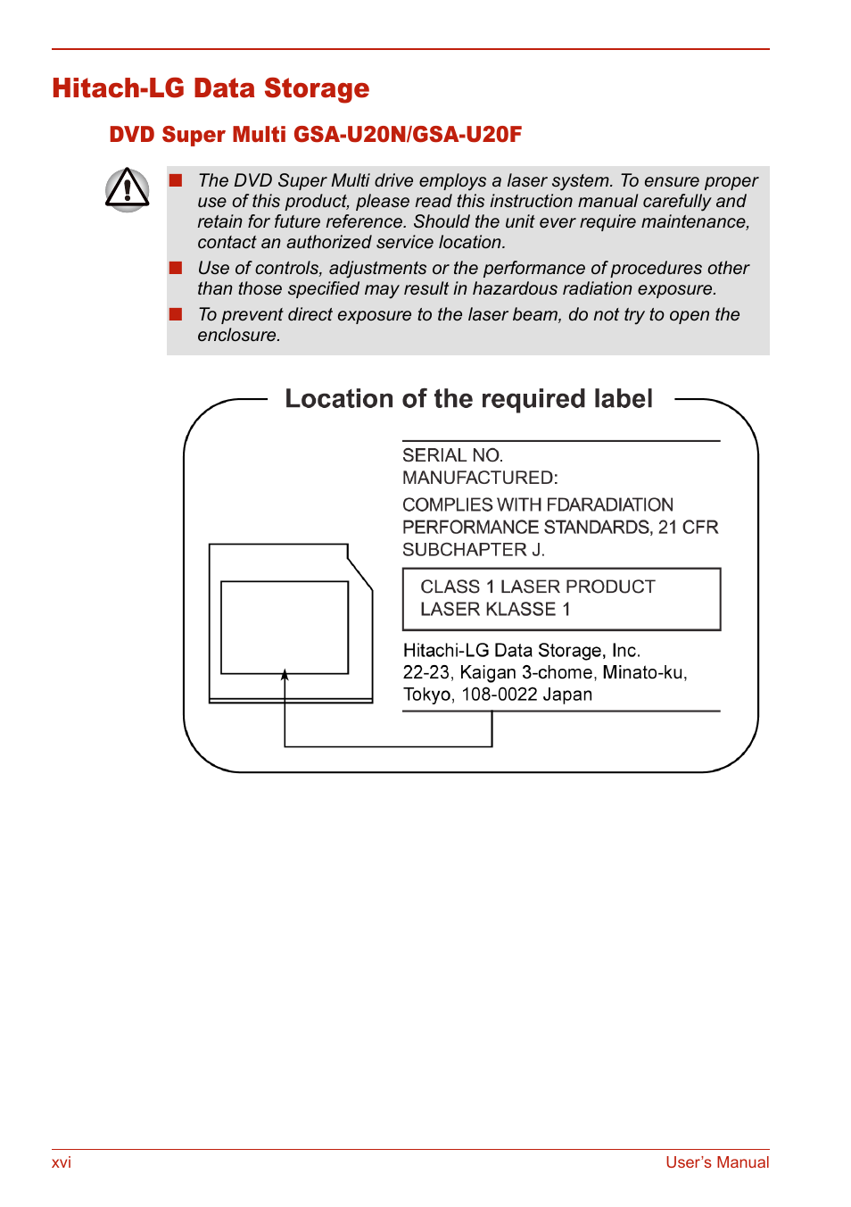 Hitach-lg data storage, Dvd super multi gsa-u20n/gsa-u20f | Toshiba U400 User Manual | Page 16 / 214